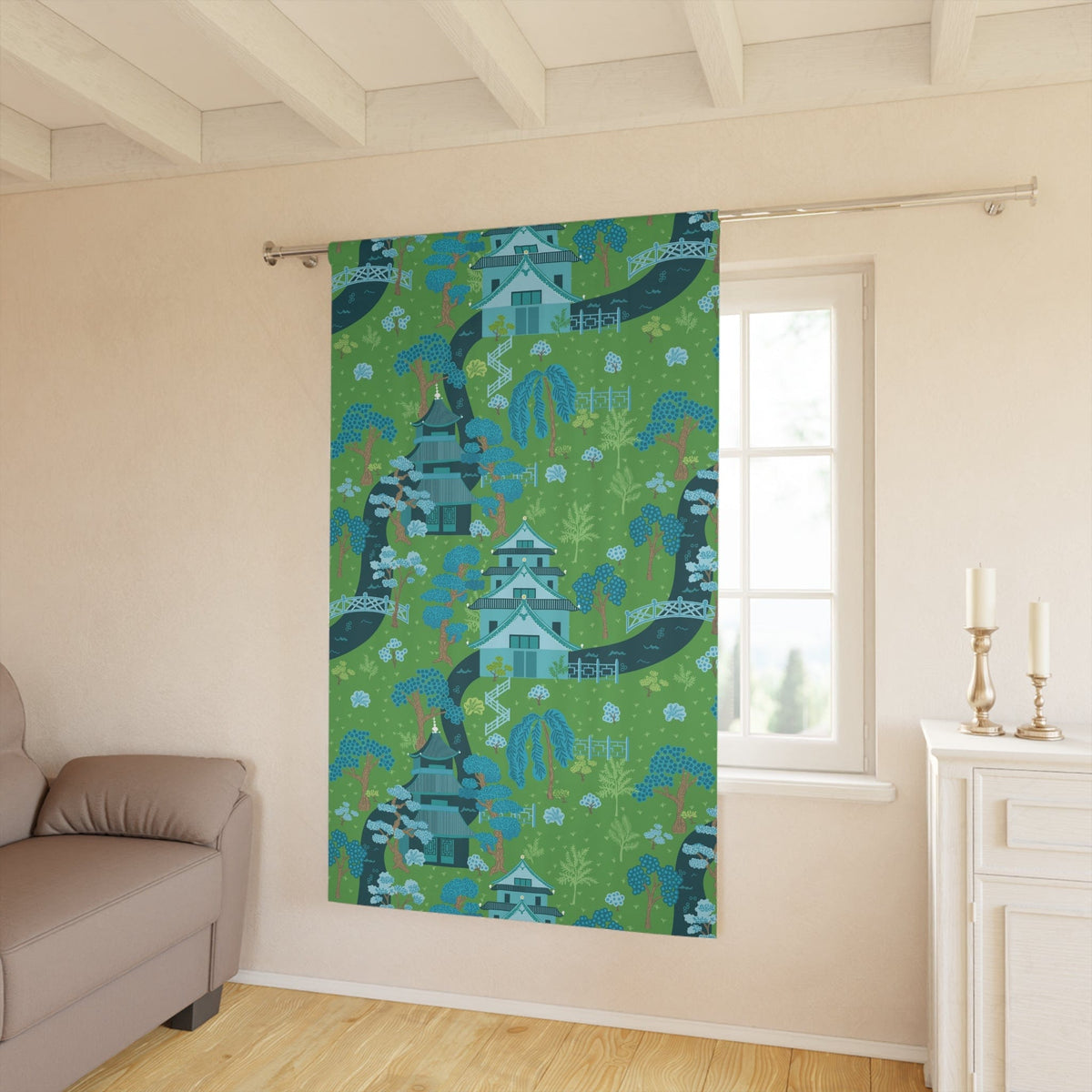 Modern Chinoiserie Fabric Window Curtain, Beautiful Exotic, Green, Blue Pagoda Design, Window Curtain Home Decor Blackout / 50" × 84"