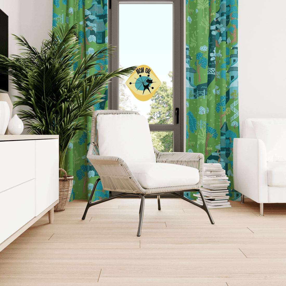Modern Chinoiserie Fabric Window Curtain, Beautiful Exotic, Green, Blue Pagoda Design, Window Curtain Home Decor Blackout / 50&quot; × 84&quot;