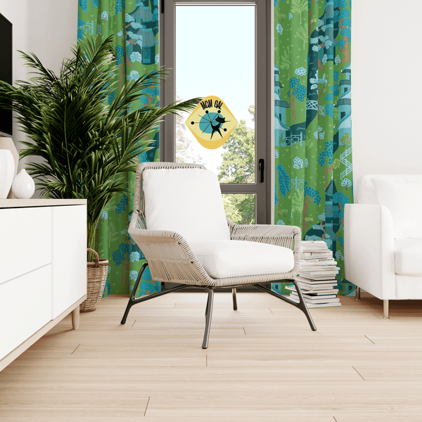 Modern Chinoiserie Fabric Window Curtain, Beautiful Exotic, Green, Blue Pagoda Design, Window Curtain