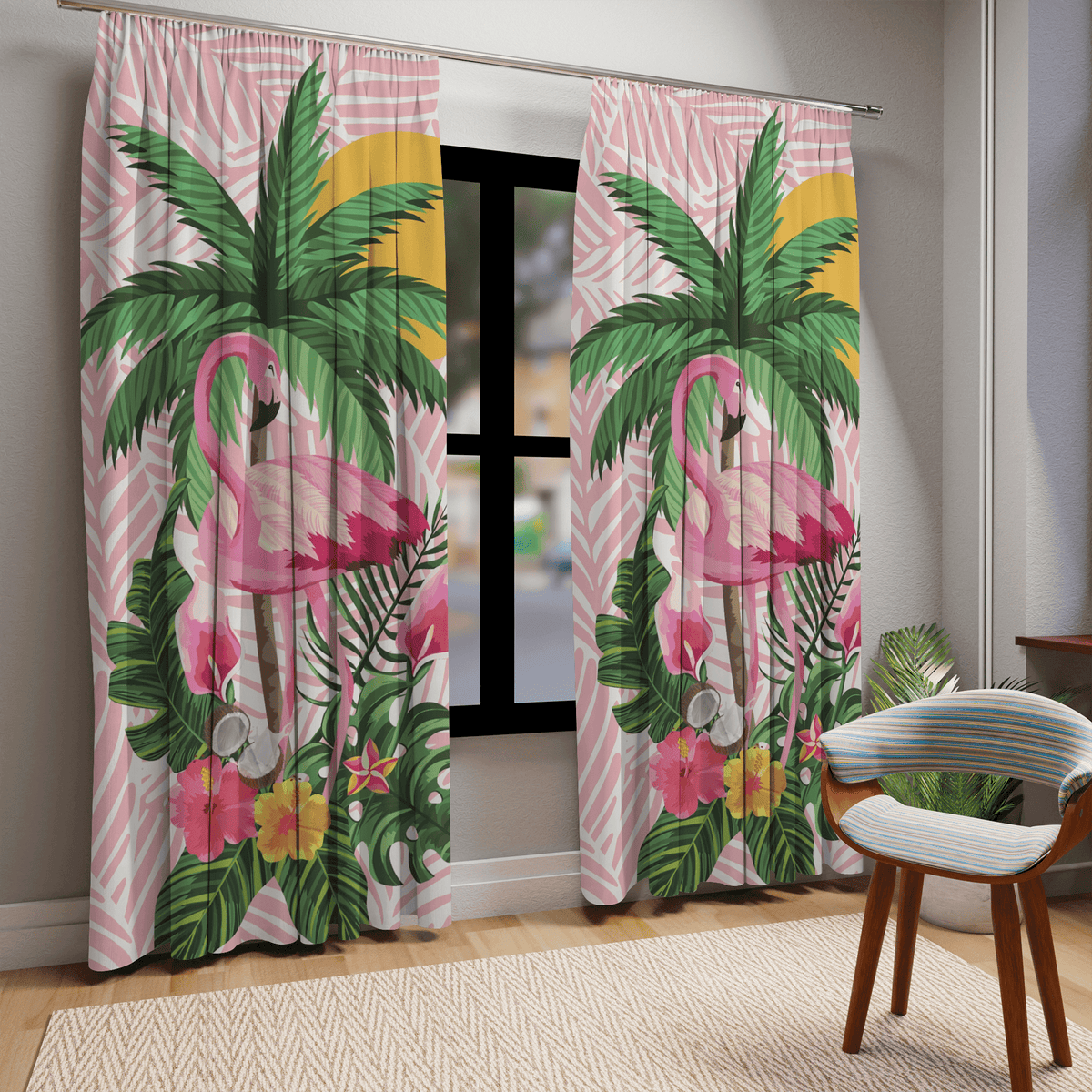 Pink Flamingo, Mid Mod 50's Tropical Tiki Window Curtains (1 Piece) Home Decor Blackout / 50" × 84"
