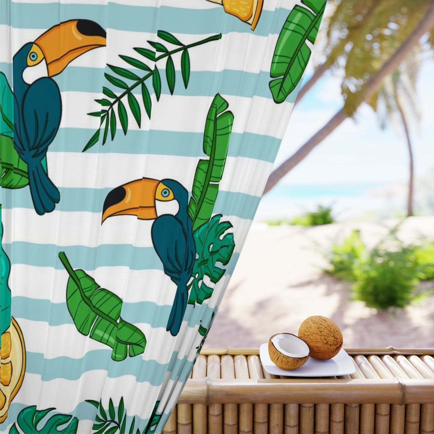 Retro Tiki, Tropical Tucan Bird, Lemon, Blue And White Stripe, Beachy Vibe, Mod Blackout Window Curtains (1 Piece) Home Decor Blackout / 50&quot; × 84&quot;