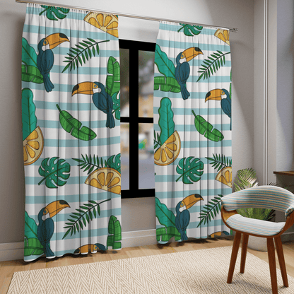 Retro Tiki, Tropical Tucan Bird, Lemon, Blue And White Stripe, Beachy Vibe, Mod Blackout Window Curtains (1 Piece) Home Decor Blackout / 50&quot; × 84&quot;