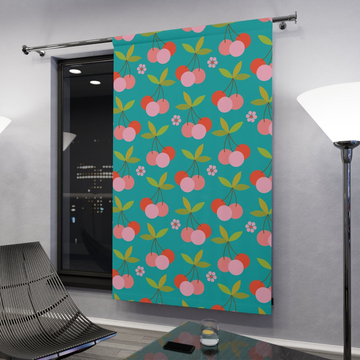 Retro Vintage Fruit Curtains, Cherries, Aqua Blue Mid Mod Black Out Window Curtains (1 Piece) Home Decor Blackout / 50" × 84"