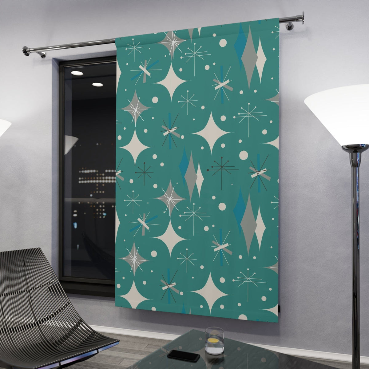 Sputnik Designs, Mid Century Modern Curtains, Teal Blue, Starburst, Sputnik Space Age Atomic 50's Window Curtains Home Decor Blackout / 50" × 84"