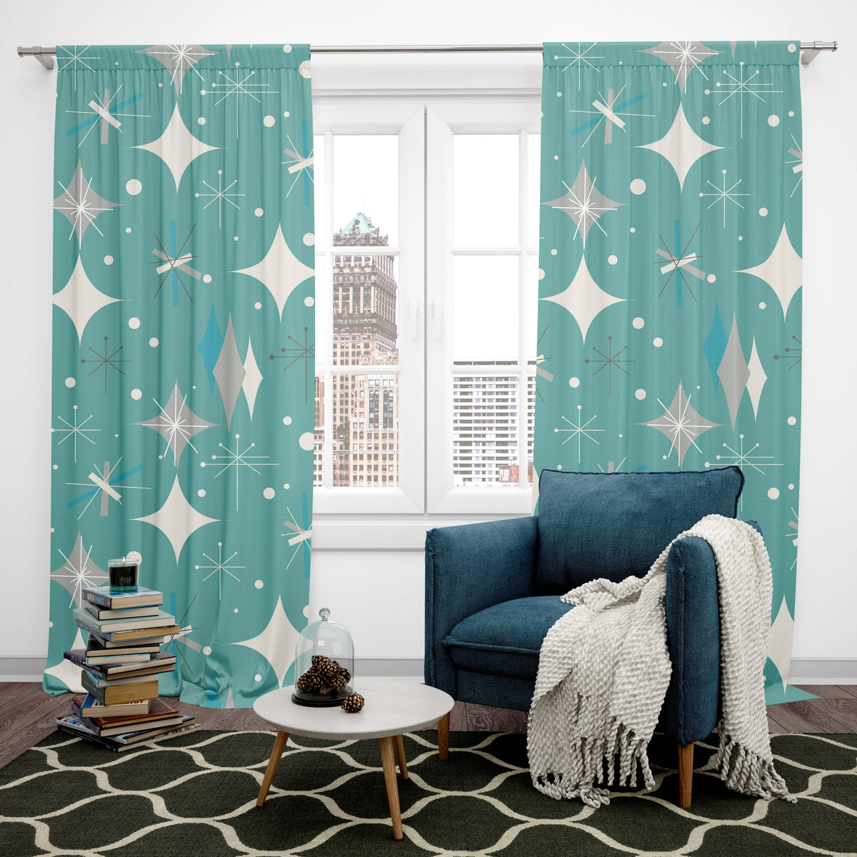 Sputnik Designs, Mid Century Modern Curtains, Teal Blue, Starburst, Sputnik Space Age Atomic 50's Window Curtains Home Decor Blackout / 50" × 84"