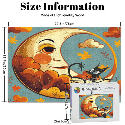 Atomic Celestial Moon, Kitschy Atomic Cat Harvest Halloween Wooden Jigsaw Puzzle - Mid Century Modern Gal