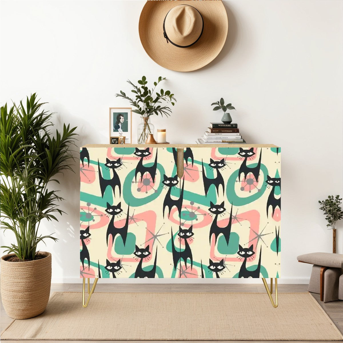 Mid Century Modern Retro Wooden Storage Cabinet With Atomic Cats - Mid Century Modern Gal