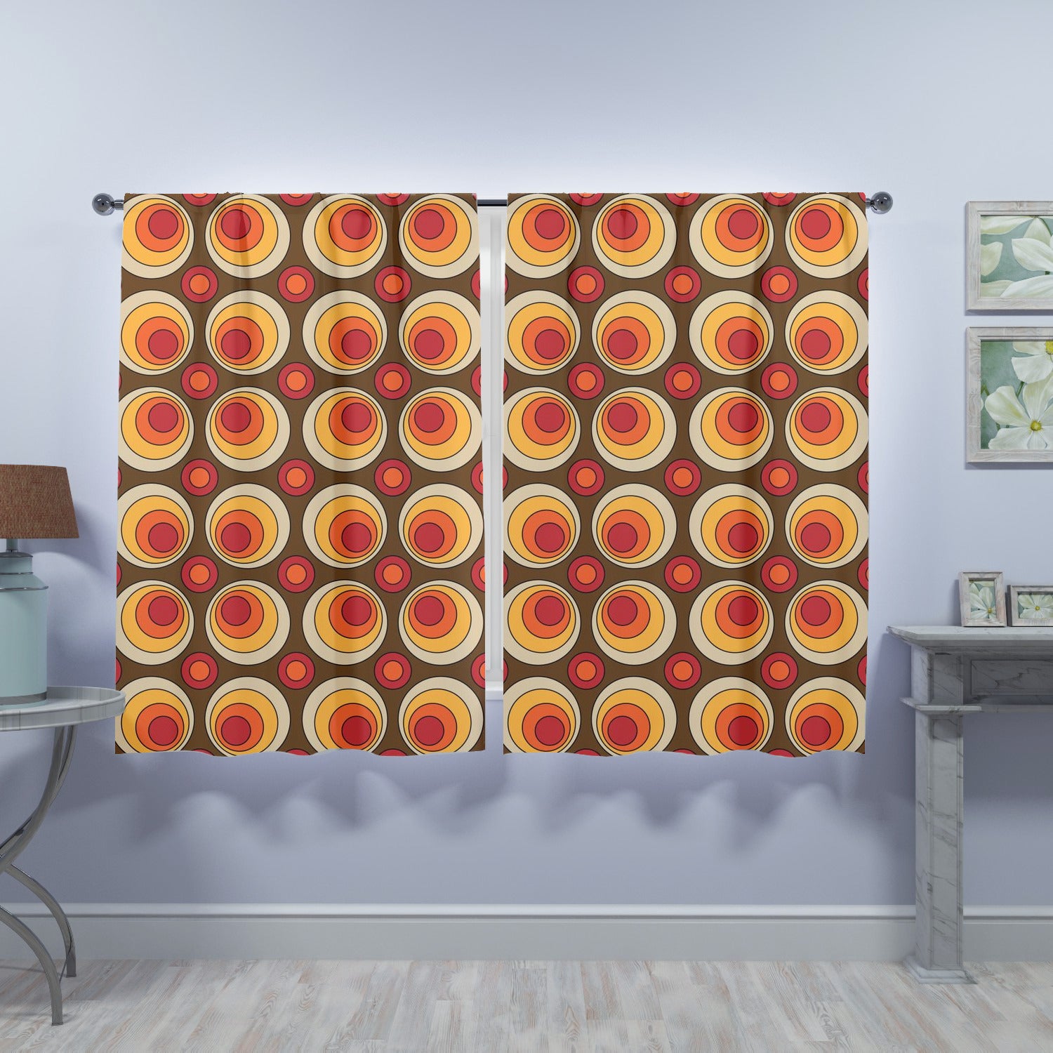 Mid Century Modern Groovy Orbs, Brown Yellow, Orange, Retro Window Curtains (two panels) - Mid Century Modern Gal