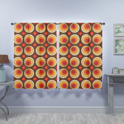 Mid Century Modern Groovy Orbs, Brown Yellow, Orange, Retro Window Curtains (two panels) - Mid Century Modern Gal