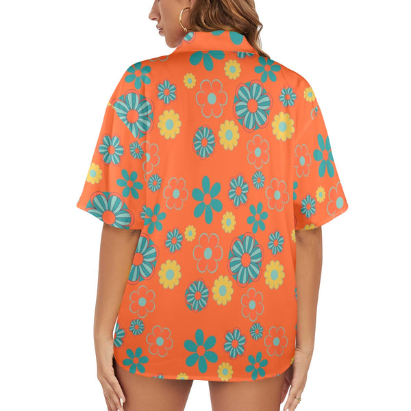 Atomic Cat Retro Flower Power Groovy Summer Hawaiian Women's Shirt