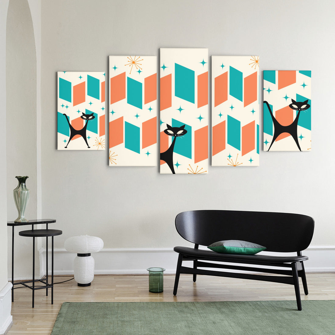 Atomic Cat Mid Century Modern Wall Art, 5 Piece Canvas Set