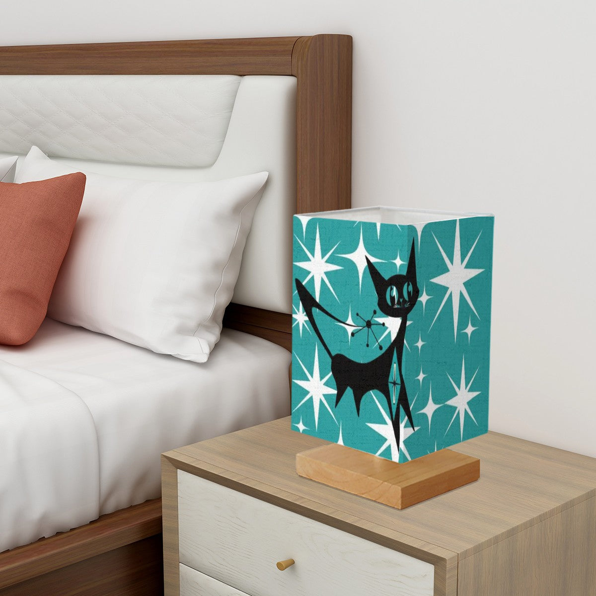Atomic Cat Starburst Aqua Kitschy Mid Mod Square Table Lamp - Mid Century Modern Gal