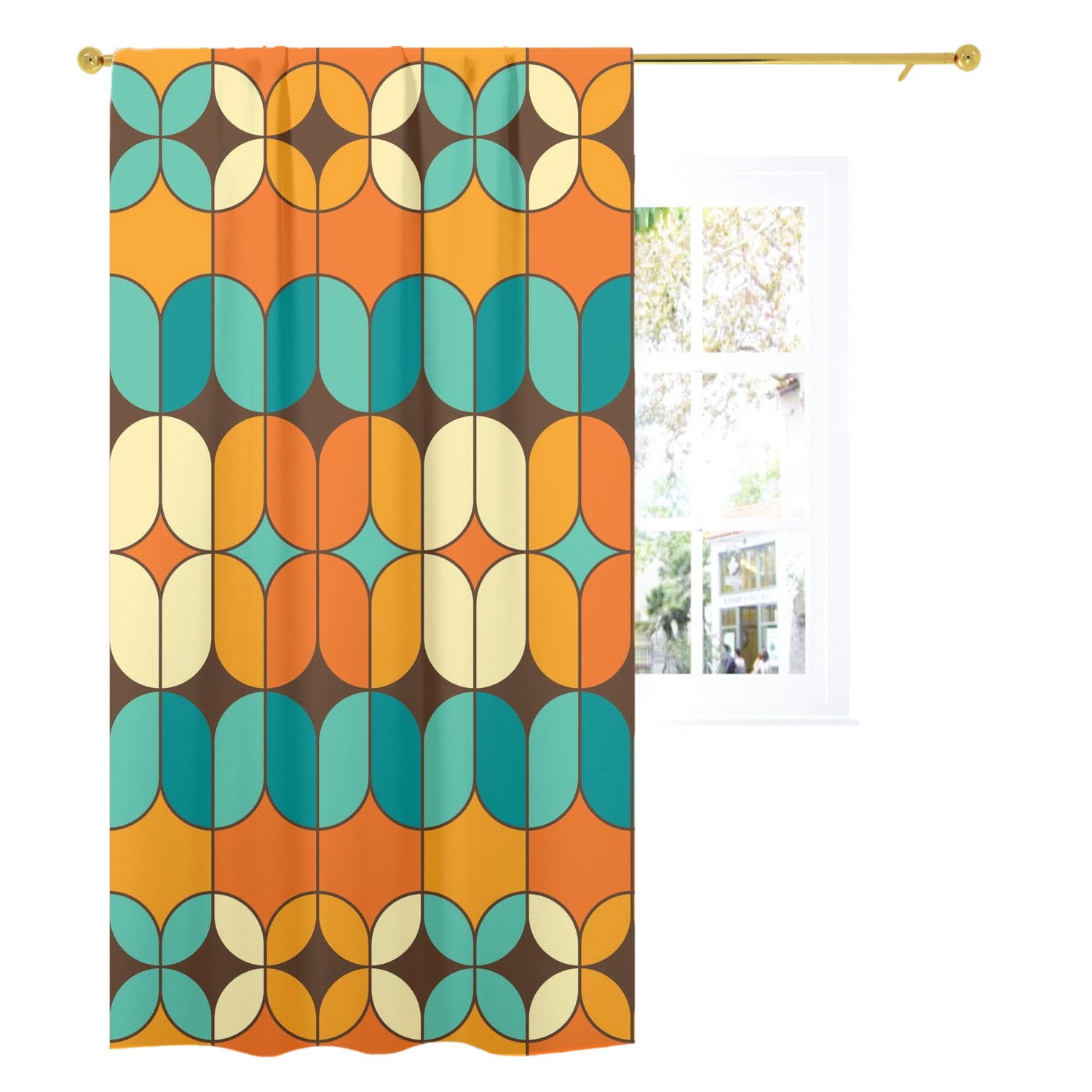 Mid Century Modern Curtain, Orange, Teal, Geometric Retro Design Single Panel - Mid Century Modern Gal