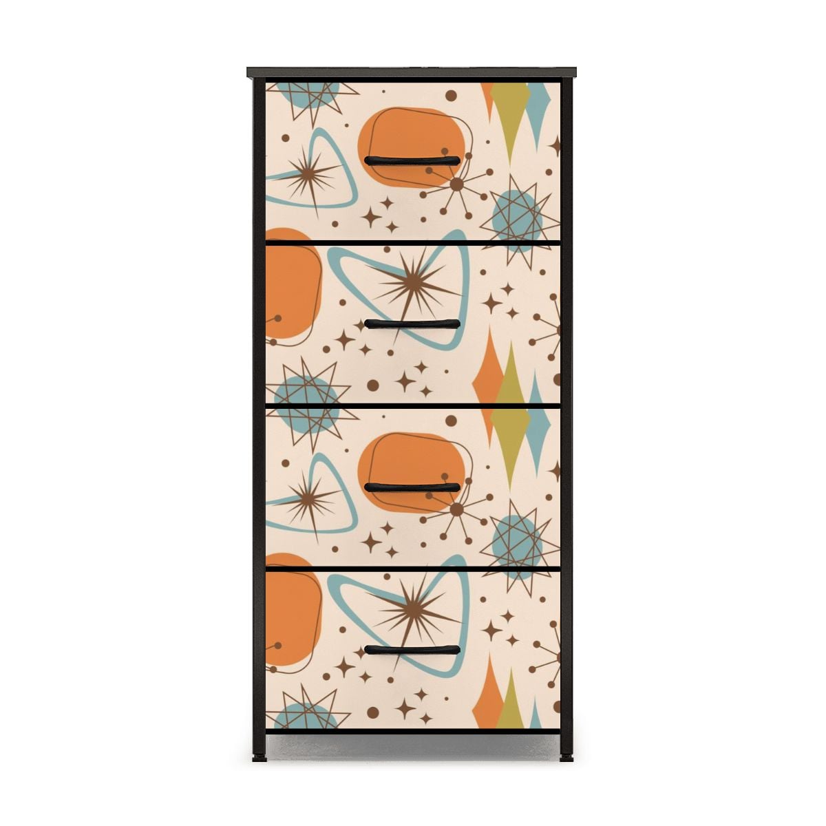 Mid Century Modern Atomic Boomerang, Starbursts Orange Blue Designed 4-Drawer Dresser - Mid Century Modern Gal