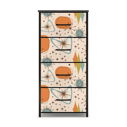 Mid Century Modern Atomic Boomerang, Starbursts Orange Blue Designed 4-Drawer Dresser - Mid Century Modern Gal