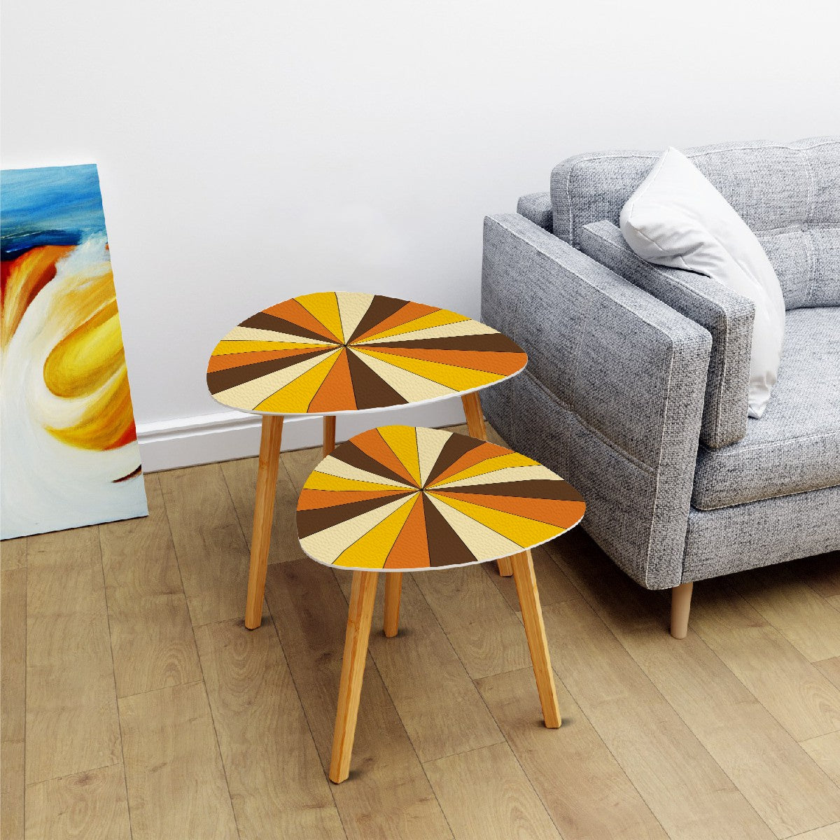 Groovy Retro 70s Vibe Orange, Yellow Brown Mid Mod Nesting Tables - Mid Century Modern Gal