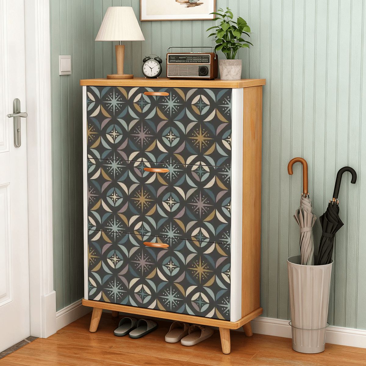 Mid Century Modern Elegant Gray Geometric Starburst Shoe Cabinet