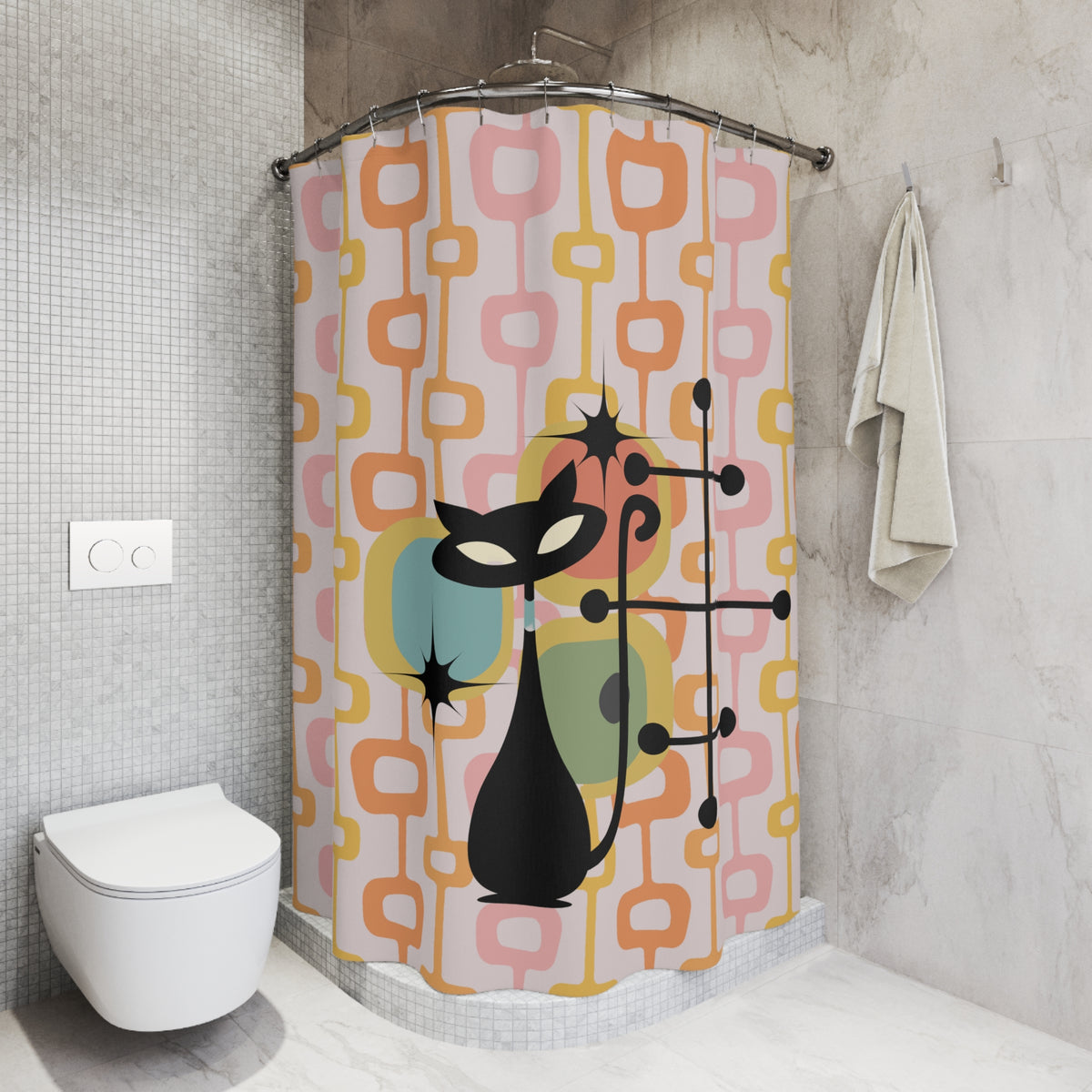 Atomic Cat Pink, Orange, Mid Mod Retro Kitschy 50s Style Shower Curtain - Mid Century Modern Gal