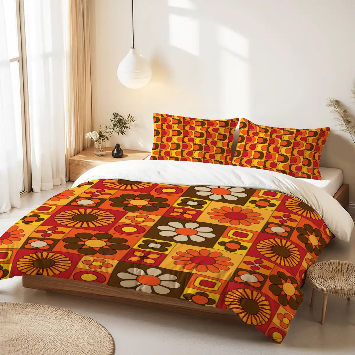 Retro 70s Bedding, Orange Brown Yellow, Hip Mod Daisy Flower Power Queen Duvet Cover Set - Mid Century Modern Gal