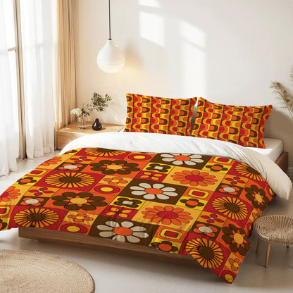 Retro 70s Bedding, Orange Brown Yellow, Hip Mod Daisy Flower Power Queen Duvet Cover Set - Mid Century Modern Gal