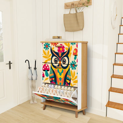 Retro 1970s Owl Mushroom Floral Mid Mod Shoe Storage Cabinet - Mid Century Modern Gal