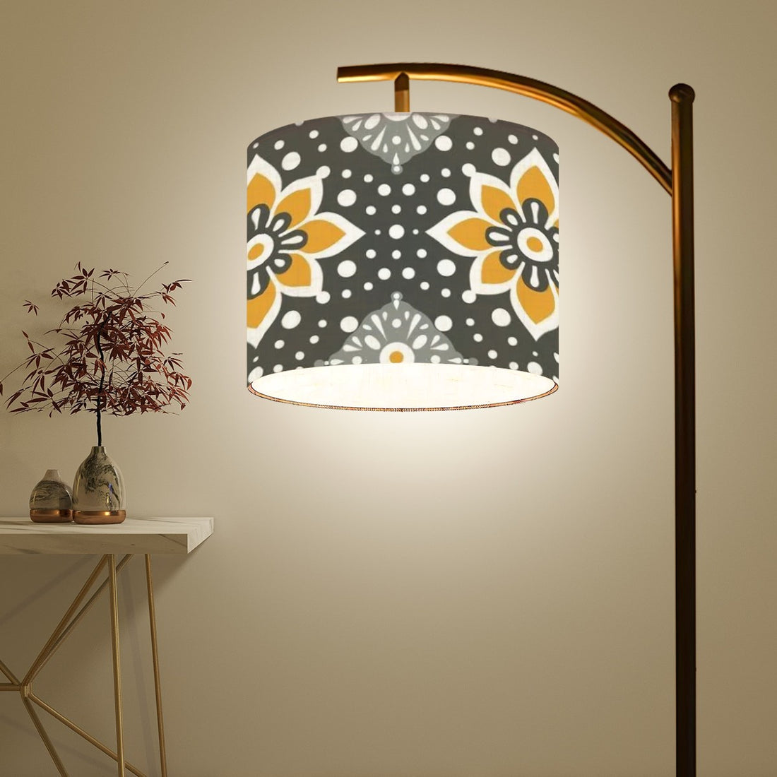 Floral Bohemian Retro Gray Yellow Modern Arc Floor Lamp - Mid Century Modern Gal