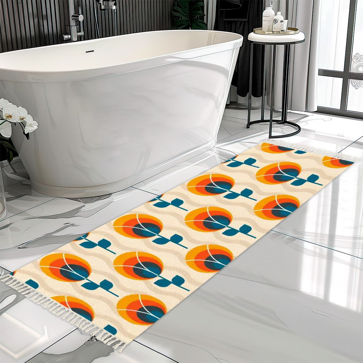 Mid Century Modern Floral Scandinavain Flower Orange Blue Rug Runner - Mid Century Modern Gal