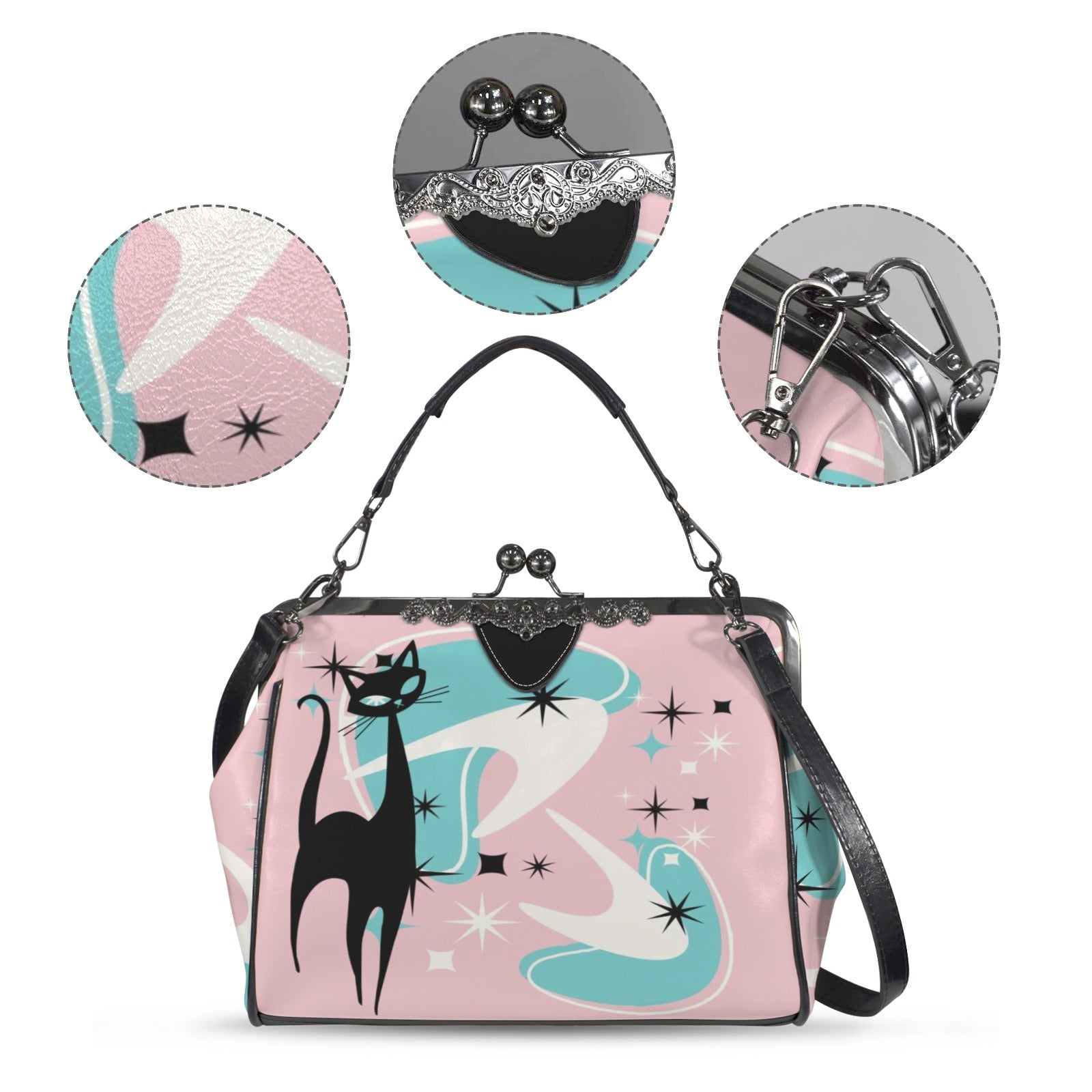 Atomic Pink Aqua Boomerang Kitschy Cat Mod Kisslock Crossbody Purse - Mid Century Modern Gal