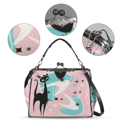 Atomic Pink Aqua Boomerang Kitschy Cat Mod Kisslock Crossbody Purse - Mid Century Modern Gal