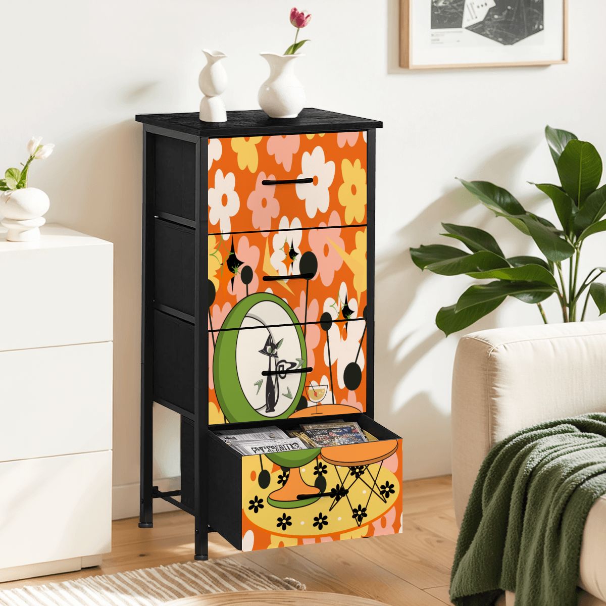 Retro Groovy Cat, Flower Power 70s Vibe, Kitschy Mid Mod 4-Drawer Dresser - Mid Century Modern Gal