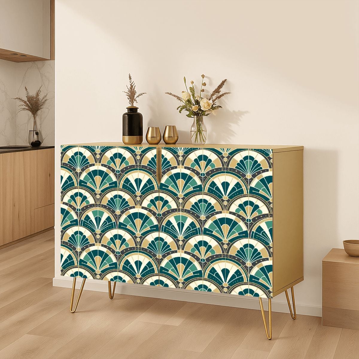 Art Deco Peacock Inspired Wooden Storage Cabinet - Mid Century Modern Gal