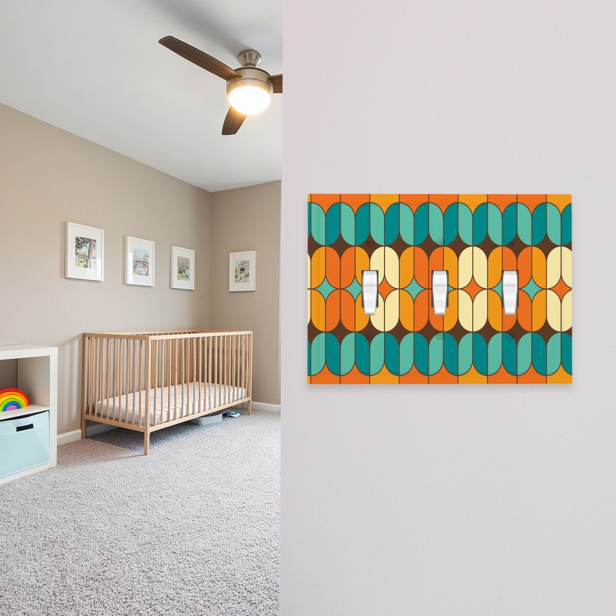 Mid Century Modern Switch Cover 3-Gang 3 Toggle, Geometric Orange Teal Mid Mod Design - Mid Century Modern Gal