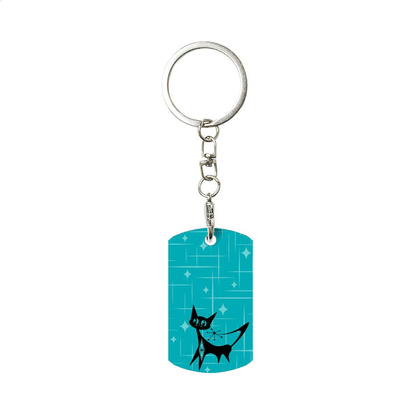Aqua Blue Starbursts Atomic Kitty Kitschy Cat Mod Rectangular Metal Keychain