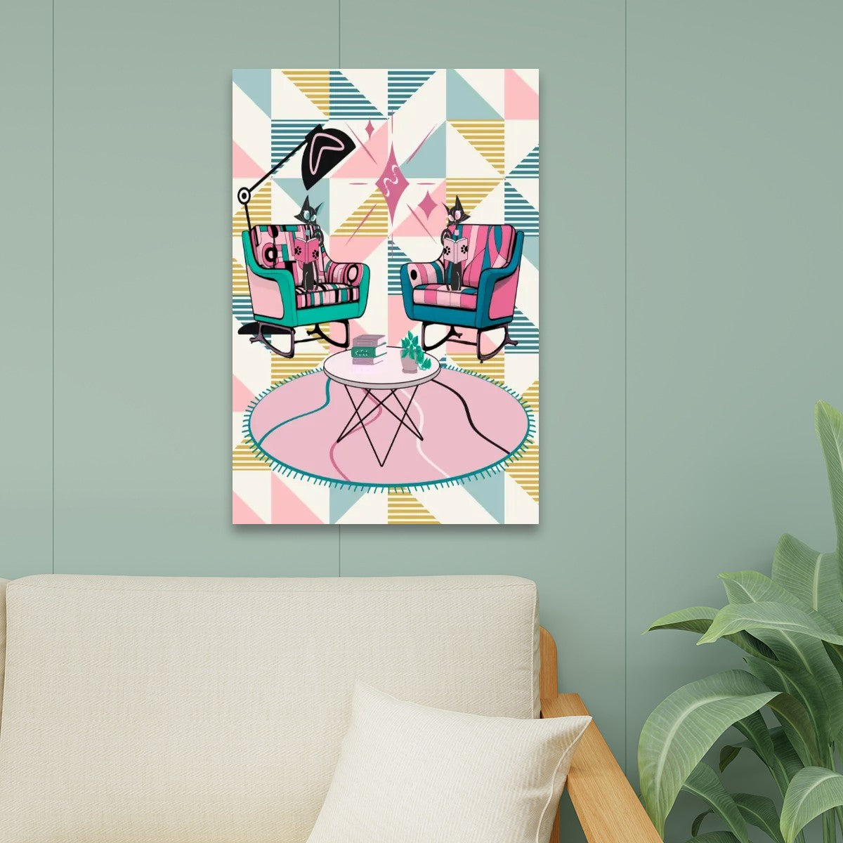Atomic Reading Cats, Mid Century Modern Pink, Blue, Yellow Geometric Kitsch Canvas Print MCM Wall Art - Mid Century Modern Gal