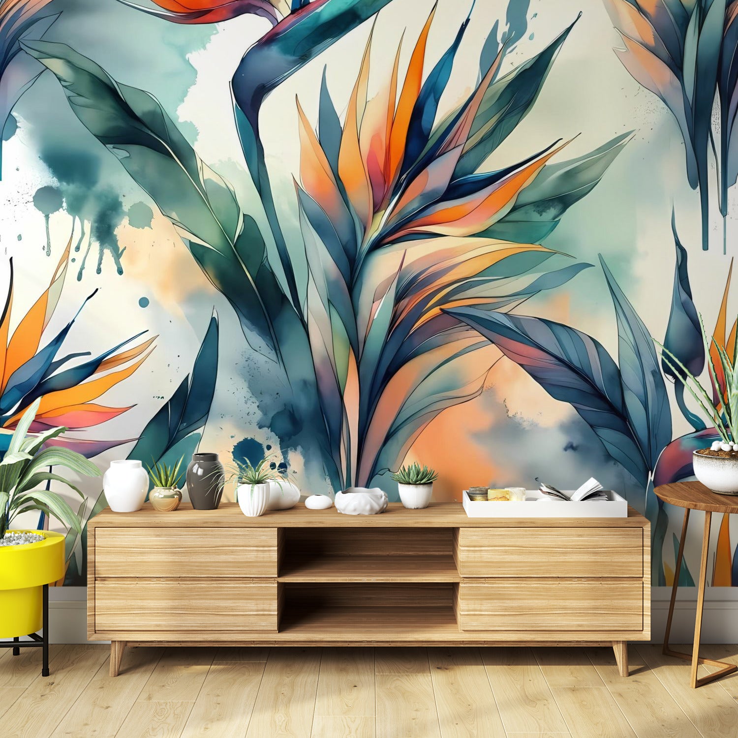 Birds Of Paradise Tropical Polynesian Watercolor Wall Murals - Mid Century Modern Gal