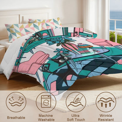Mid Century Modern Atomic Kitschy Cats, Mod Lounge Scene, Retro MCM King Comforter Set - Mid Century Modern Gal