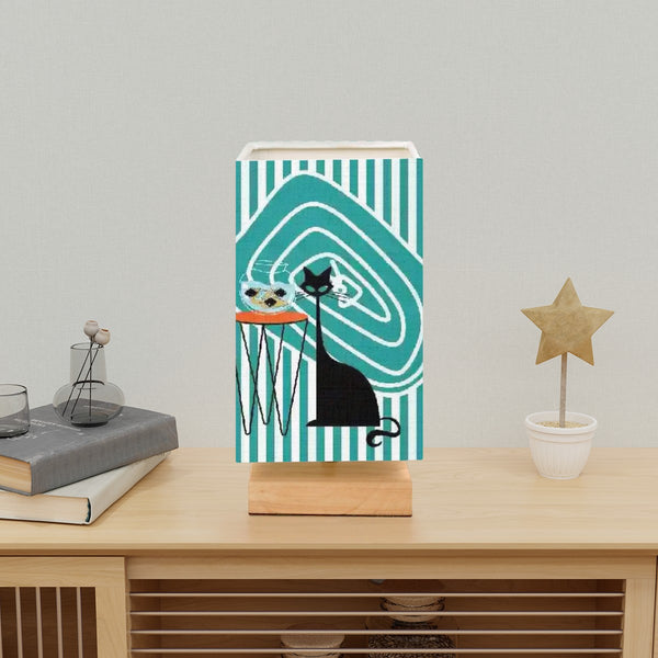 Atomic Cat Kitschy Mod Fish Bowl Aqua Striped Retro MCM Square Table Lamp