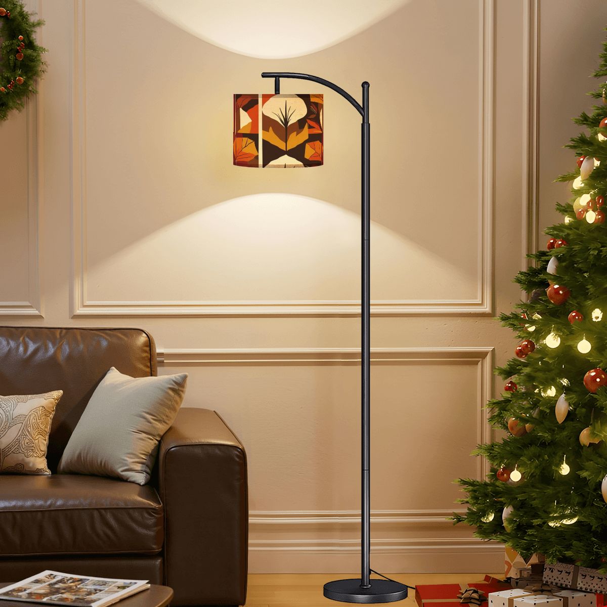 Mid Century Modern Scandinavian Leaves Harvest Gold Orange, Brown Arc Floor Lamp - Mid Century Modern Gal