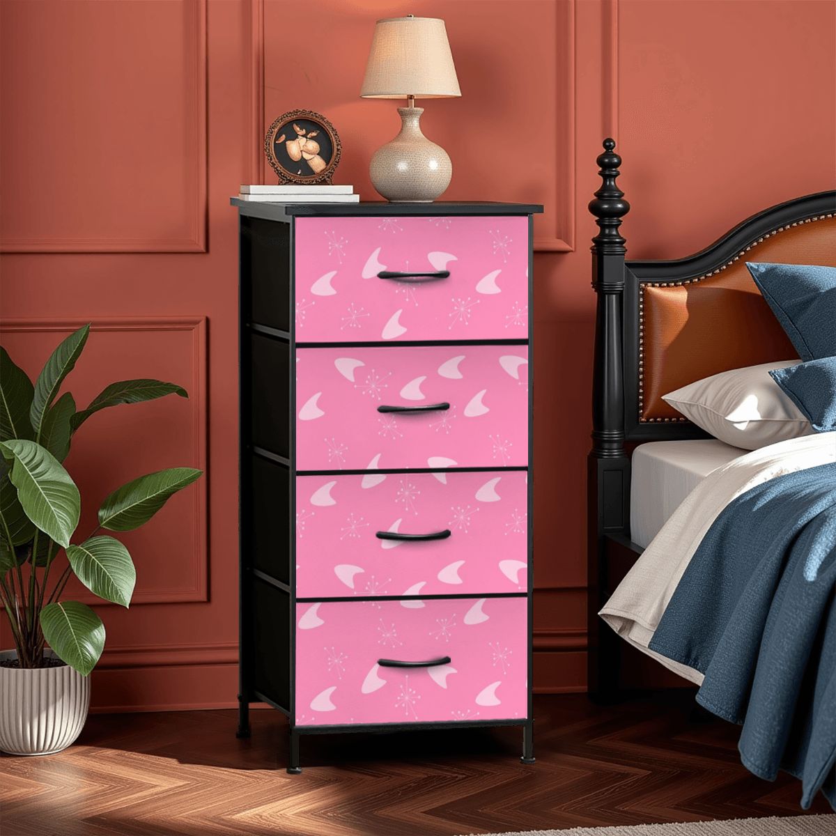 Atomic Boomerang and Starbursts Mid Mod Pink Retro 4-Drawer Dresser - Mid Century Modern Gal