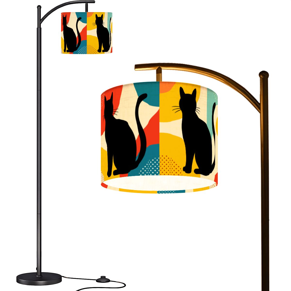 Pop Art Black Atomic Cats, Red Blue Yellow, Arc Floor Lamp