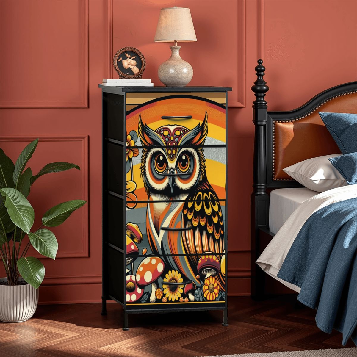 Retro 70s Owl Mushroom Groovy Mid Century Modern 4-Drawer Dresser - Mid Century Modern Gal