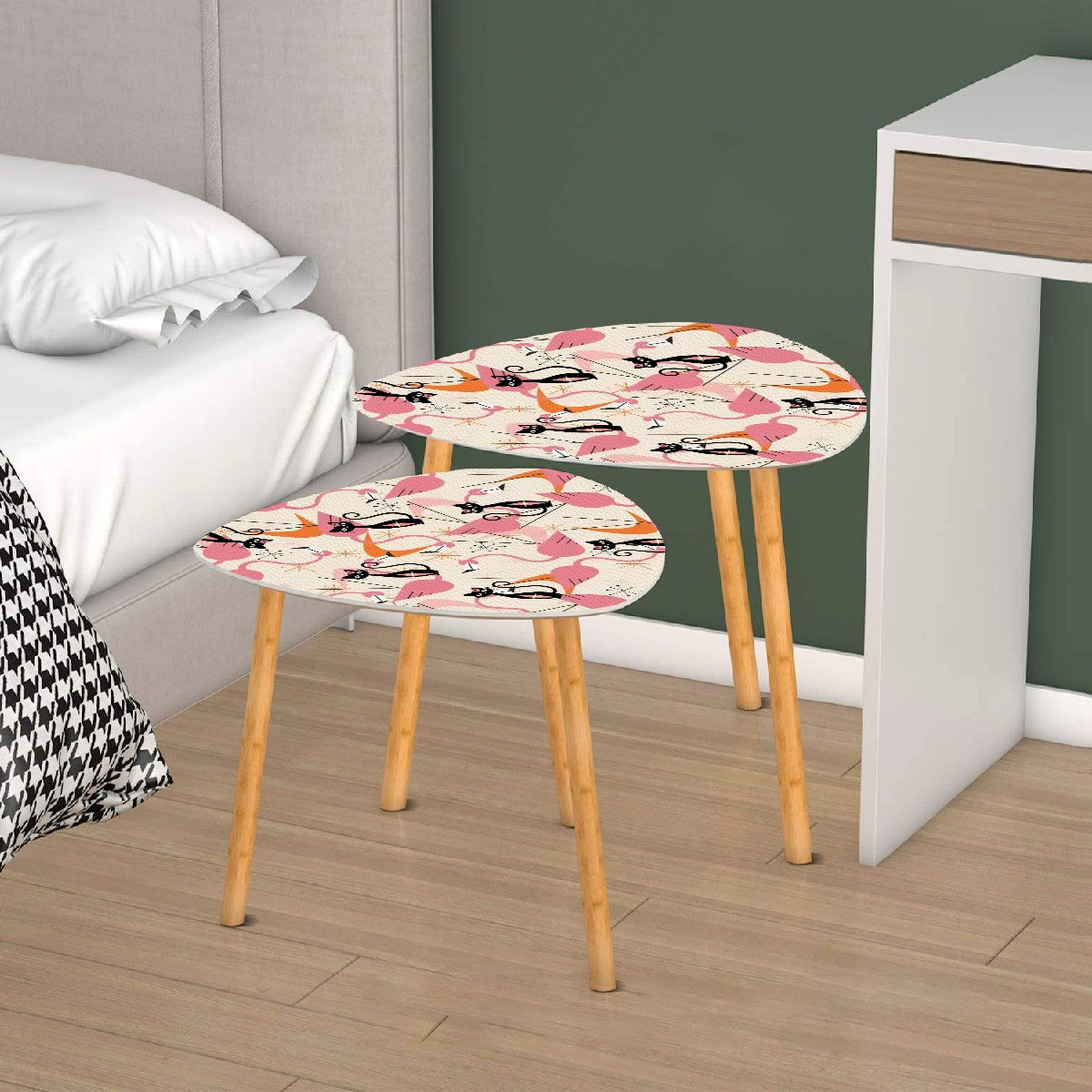 Mid Century Modern Nesting Tables Adorned With Dancing Flamingos And Atomic Cats - Mid Century Modern Gal