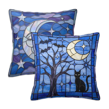 Halloween Stained Glass Style Black Cat and Crescent Moon Throw Pillow Covers Set of 2 - Covers Only
