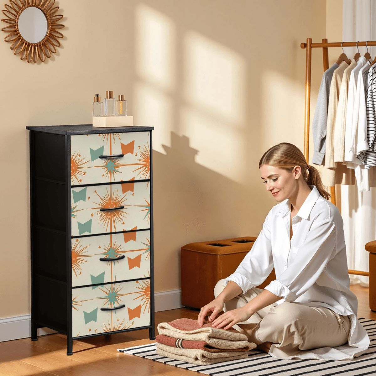 Atomic 50s Starburst Mid Century Modern Orange Teal 4-Drawer Dresser - Mid Century Modern Gal