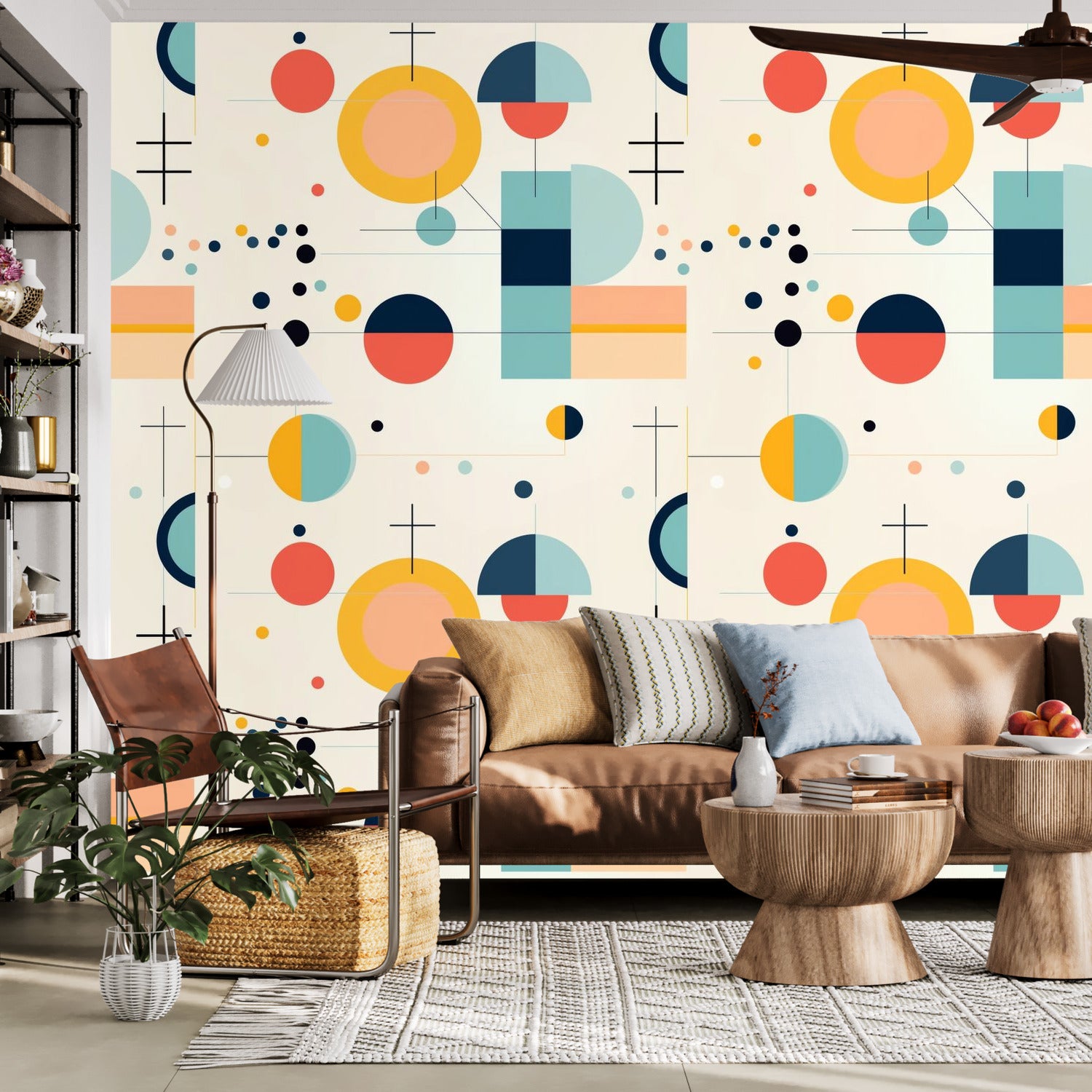 Mid Century Modern Bauhaus Designed, Geometric Yellow, Orange, Aqua MCM Peel And Stick Wall Murals