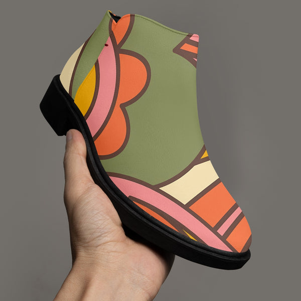70s Mod Flower Power, Groovy Kitsch Ankle Shoe Boots With Atomic Kittie On Back