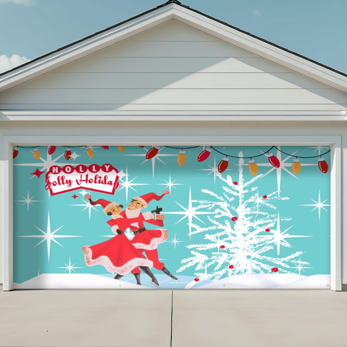 Holly Jolly Holiday 50s Kitschy Vintage Christmas Garage Door Banner Backdrop - Mid Century Modern Gal