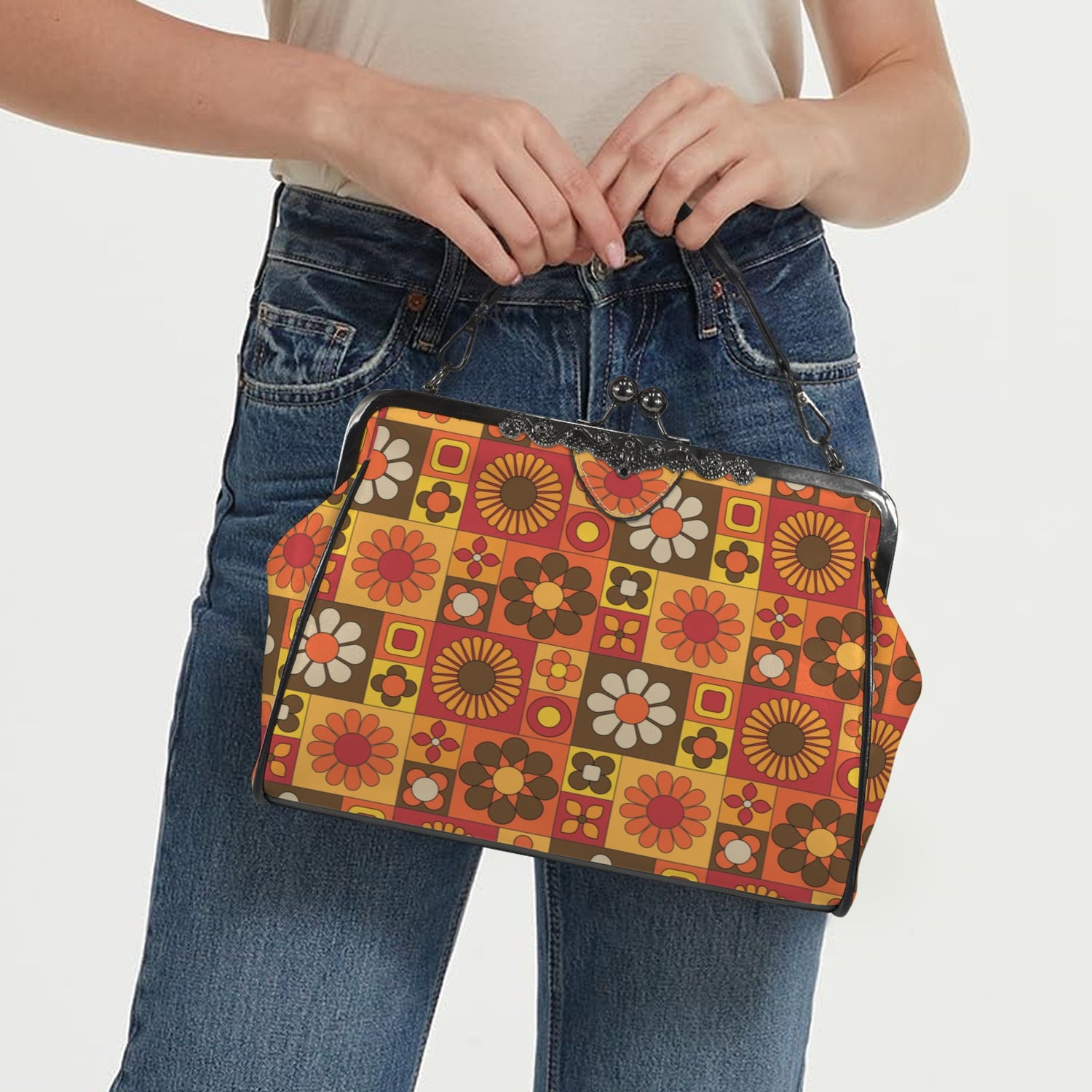 Retro 70s Mod Floral Orange Brown Yellow Mid Mod Hip Kisslock Crossbody Purse - Mid Century Modern Gal