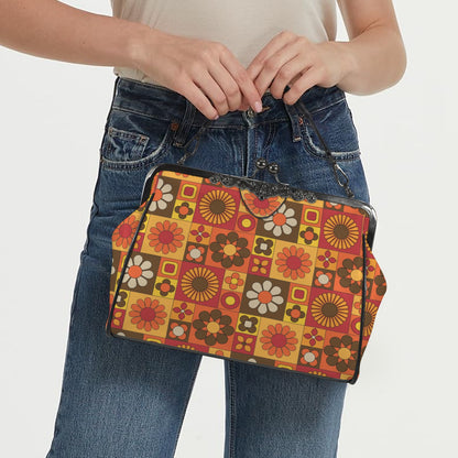 Retro 70s Mod Floral Orange Brown Yellow Mid Mod Hip Kisslock Crossbody Purse - Mid Century Modern Gal