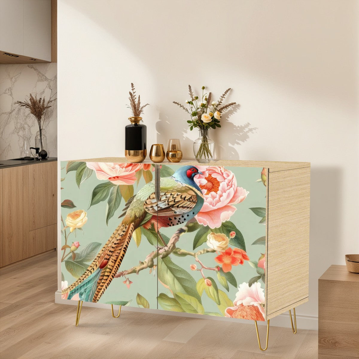 Chinoiserie Floral Pheasant Elegant Green Pink Sideboard Cabinet - Mid Century Modern Gal